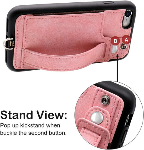 TOOVREN iPhone SE/7/8 Case, Pink Leather Wallet with Card Holder, Kickstand, Neck Strap, Adjustable Hand Strap, Wireless Charging Compatible...